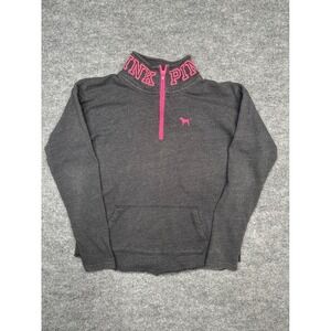 PINK Victoria's Secret Quarter Zip Pullover Gray Pink Dog Logo‎ Small